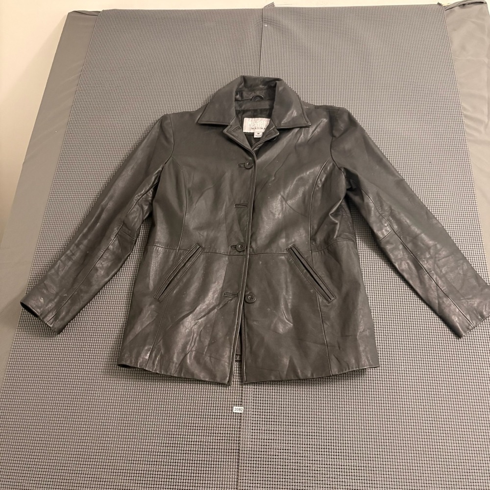 Wilsons Leather Maxima Black Genuine Leather Button Front Jacket Coat Womens M